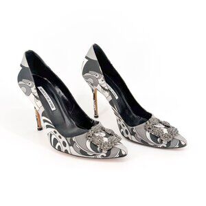 Manolo Blahnik Hangisi 105 Satin Crystal Buckle Pumps Size 40 US 10 Gray Black